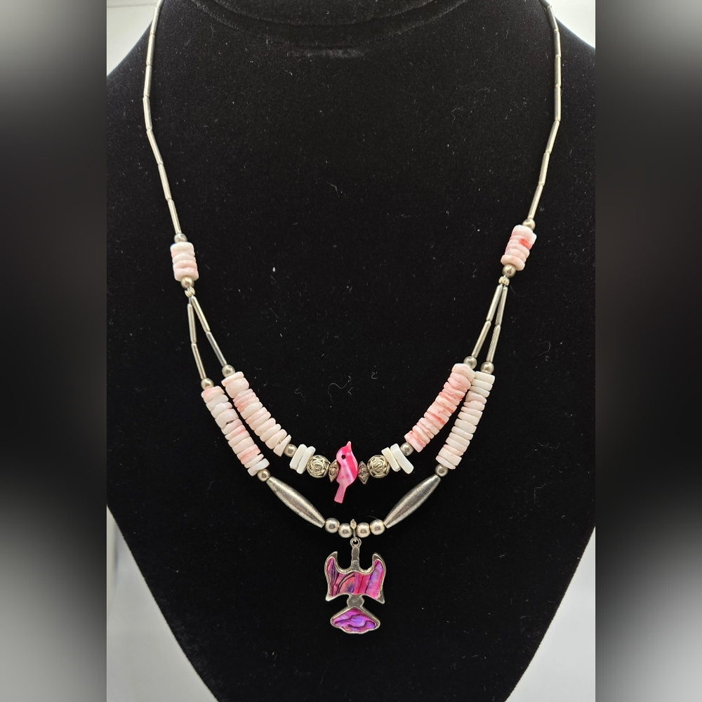 🪶 Fetish Necklace Native American Birds Puka Shell Liquid Silver 16" Length